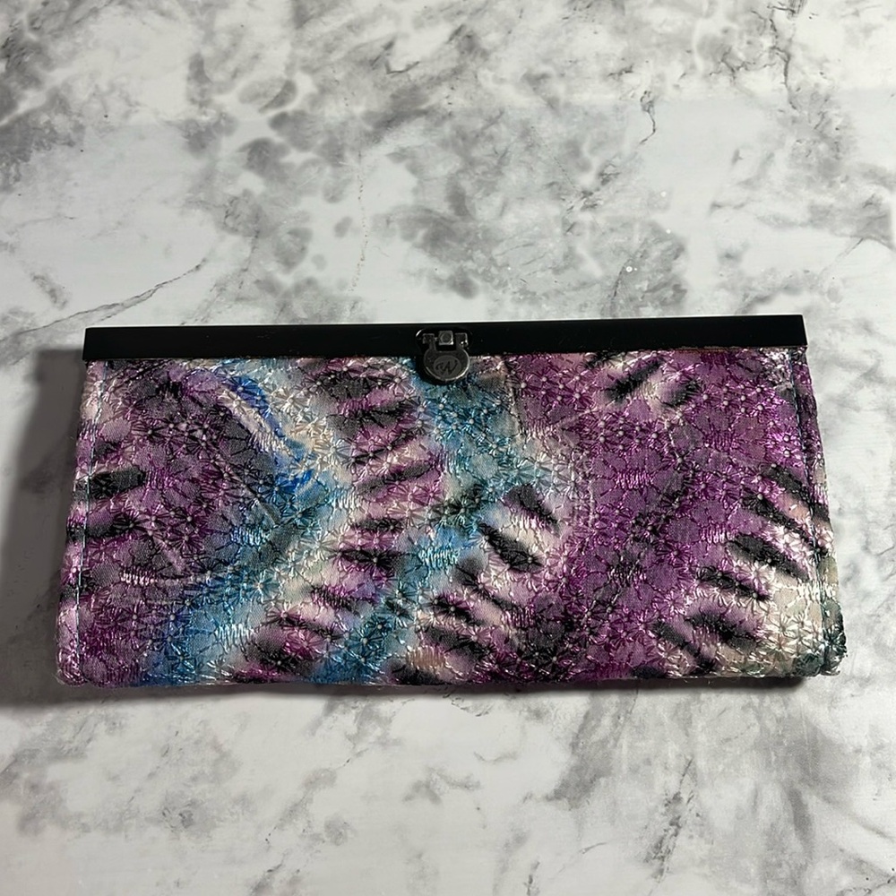 Embroidered Floral Wallet Purple Blue Black White Snap